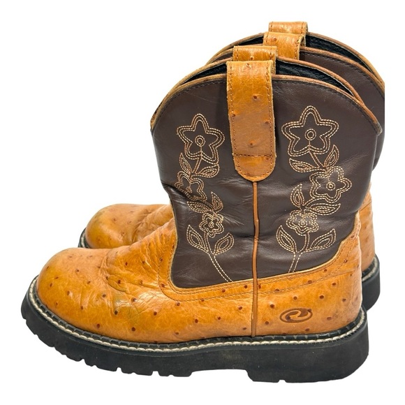 Roper Western Brown Leather Boots Women's 7 Round Toe Pull On Floral Two-Tone - Picture 1 of 12